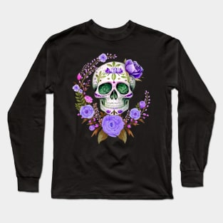 Purple Floral Dia De Los Muertos Sugar Skull Long Sleeve T-Shirt